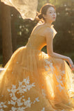 Yellow Tulle Lace Long Prom Dresses, A-Line Evening Gowns HZ0429