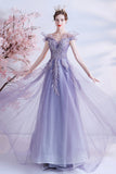 Purple Tulle Sequins Prom Dresses, A-Line Off the Shoulder Evening Dresses HZ0429