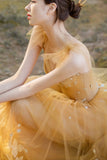 Yellow Tulle Lace Long Prom Dresses, A-Line Evening Gowns HZ0429