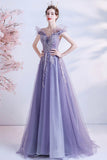 Purple Tulle Sequins Prom Dresses, A-Line Off the Shoulder Evening Dresses HZ0429