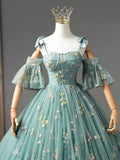 Green Floral Tulle Long Prom Dress, Cute Off Shoulder Evening Party Dress HZ0429