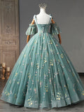 Green Floral Tulle Long Prom Dress, Cute Off Shoulder Evening Party Dress HZ0429