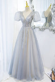 Gray Tulle Beading Long Prom Dresses, A-Line Short Sleeve Formal Evening Dresses HZ0429