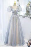 Gray Tulle Beading Long Prom Dresses, A-Line Short Sleeve Formal Evening Dresses HZ0429