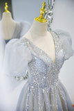 Gray Tulle Beading Long Prom Dresses, A-Line Short Sleeve Formal Evening Dresses HZ0429