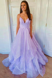 Purple Tulle Long A-Line Prom Dress, V-Neck Backless Evening Dress HZ0429