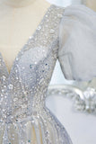 Gray Tulle Beading Long Prom Dresses, A-Line Short Sleeve Formal Evening Dresses HZ0429