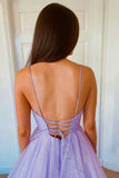 Purple Tulle Long A-Line Prom Dress, V-Neck Backless Evening Dress HZ0429