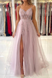 Pink V-Neck Tulle Beaded Long Formal Dress, A-Line Evening Dress with Slit HZ0429