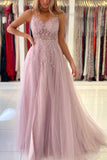 Pink V-Neck Tulle Beaded Long Formal Dress, A-Line Evening Dress with Slit HZ0429
