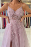 Pink V-Neck Tulle Beaded Long Formal Dress, A-Line Evening Dress with Slit HZ0429