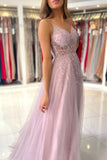 Pink V-Neck Tulle Beaded Long Formal Dress, A-Line Evening Dress with Slit HZ0429
