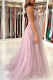 Pink V-Neck Tulle Beaded Long Formal Dress, A-Line Evening Dress with Slit HZ0429