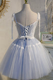 Blue Lace Short A-Line Prom Dress, Cute Spaghetti Strap Party Dress HZ0429
