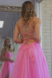 Pink Lace Long Prom Dresses, A-Line Backless Formal Evening Dresses HZ0429