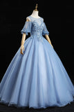 Blue Lace Long A-Line Prom Dresses, Blue Evening Dresses HZ0429