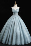 Blue Tulle Sequins Long Prom Dresses, A-Line Evening Dresses HZ0429