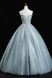 Blue Tulle Sequins Long Prom Dresses, A-Line Evening Dresses HZ0429