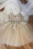 Champagne Spaghetti Lace Short Prom Dresses, A-Line Party Dresses HZ0429