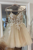 Champagne Spaghetti Lace Short Prom Dresses, A-Line Party Dresses HZ0429
