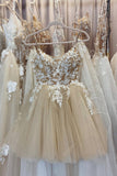 Champagne Spaghetti Lace Short Prom Dresses, A-Line Party Dresses HZ0429