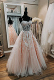 Pink Sweetheart Neck Lace Long Prom Dresses, A-Line Formal Dresses HZ0429
