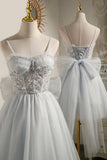 Gray Tulle Short A-Line Prom Dress, Cute Evening Party Dress HZ0429