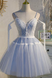 Blue Lace Short A-Line Prom Dress, Cute Spaghetti Strap Party Dress HZ0429