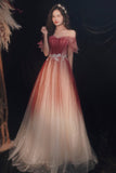 Cute Tulle Sequins Long Prom Dresses, A-Line Ombre Evening Dresses HZ0429