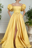 Yellow Satin Long Prom Dresses, A-Line Off the Shoulder Evening Dresses HZ0429