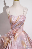 Blushing Pink Printed Pattern Prom Dress, Beautiful A-Line Evening Dress HZ0429