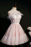 Pink Strapless Lace Short Prom Dress, A-Line Party Dress with Feather HZ0429