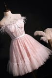 Pink Strapless Lace Short Prom Dress, A-Line Party Dress with Feather HZ0429