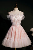 Pink Strapless Lace Short Prom Dress, A-Line Party Dress with Feather HZ0429