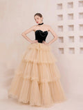 Champagne Sweetheart Tulle Layers Long Party Dress, Strapless A-Line Formal Dress HZ0429