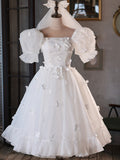White Tulle Short A-Line Prom Dress, Cute Puff Sleeve Party Dress HZ0429