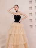 Champagne Sweetheart Tulle Layers Long Party Dress, Strapless A-Line Formal Dress HZ0429