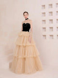 Champagne Sweetheart Tulle Layers Long Party Dress, Strapless A-Line Formal Dress HZ0429
