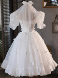 White Tulle Short A-Line Prom Dress, Cute Puff Sleeve Party Dress HZ0429