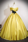 Yellow Satin and Black Lace Long Prom Dress, A-Line Off the Shoulder Party Dress HZ0429