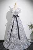 Silver Sequins Long Prom Dress, V-Neck Bow Sash Short Sleeve Backless Party Dress HZ0429