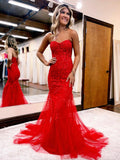 Red Tulle Lace Long Prom Dress, Mermaid Strapless Lace-up Evening Party Dress HZ0429