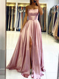 Pink Satin Long Prom Dress, Simple A-Line Backless Evening Dress HZ0429