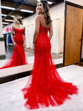 Red Tulle Lace Long Prom Dress, Mermaid Strapless Lace-up Evening Party Dress HZ0429