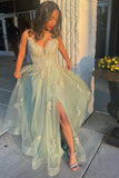 Green V-neck Lace Long Prom Dress, A-Line Evening Dress with Slit HZ0429