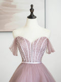 Pink Tulle Sequins Long Prom Dress, Off Shoulder Evening Dress HZ0429