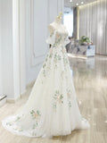 With Floral Lace Floor Length Prom Dress, Beautiful Off the Shoulder A-Line Evening Party Dress HZ0429
