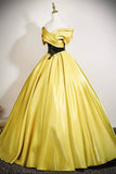 Yellow Satin and Black Lace Long Prom Dress, A-Line Off the Shoulder Party Dress HZ0429