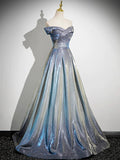 A-Line Gradient Blue Floor Length Prom Dress, Off the Shoulder Evening Party Dress HZ0429