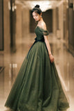 Beautiful Green Tulle Long Prom Dress, A-Line Off the Shoulder Graduation Dress HZ0429